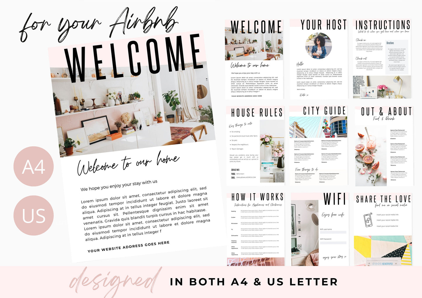 Airbnb Template | eBook Template | Printable | Canva Template | Welcome Book | Airbnb | vrbo | Airbnb Welcome Template | Cotton Pink