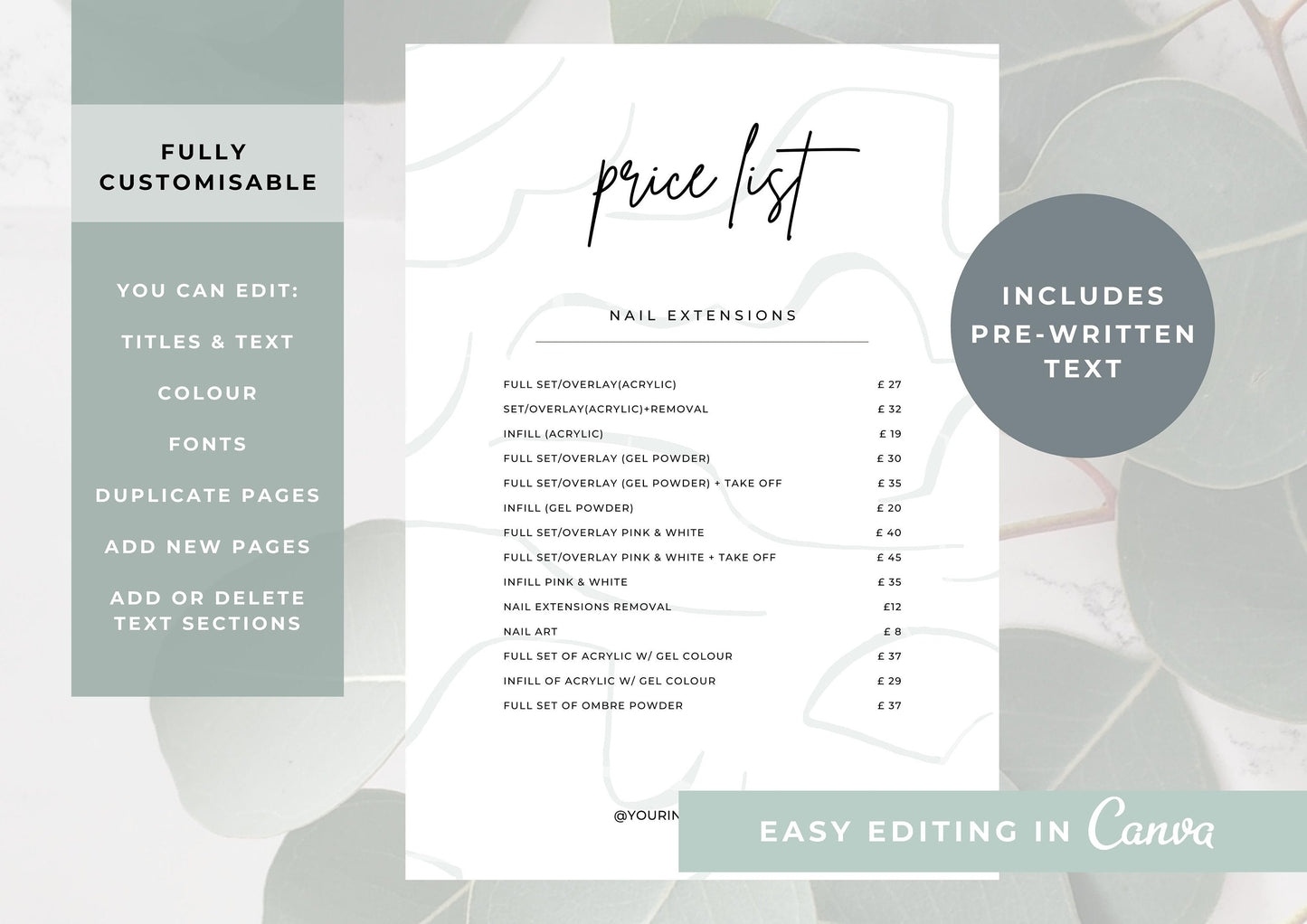 Nail Salon Services Pricing Menu | Pricing Guide | Nail Salon Template | Brochure Template | Business Template | Frosted Coconut