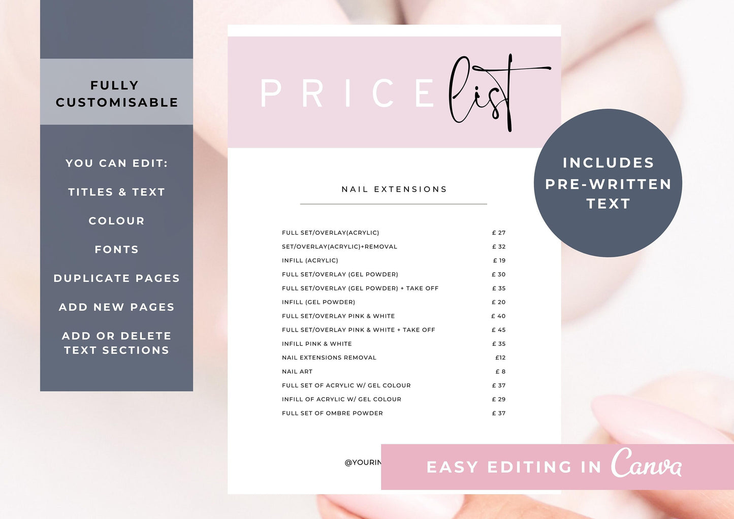 Nail Salon Services Pricing Menu | Pricing Guide | Nail Salon Template | Brochure Template | Business Template | Baby pink