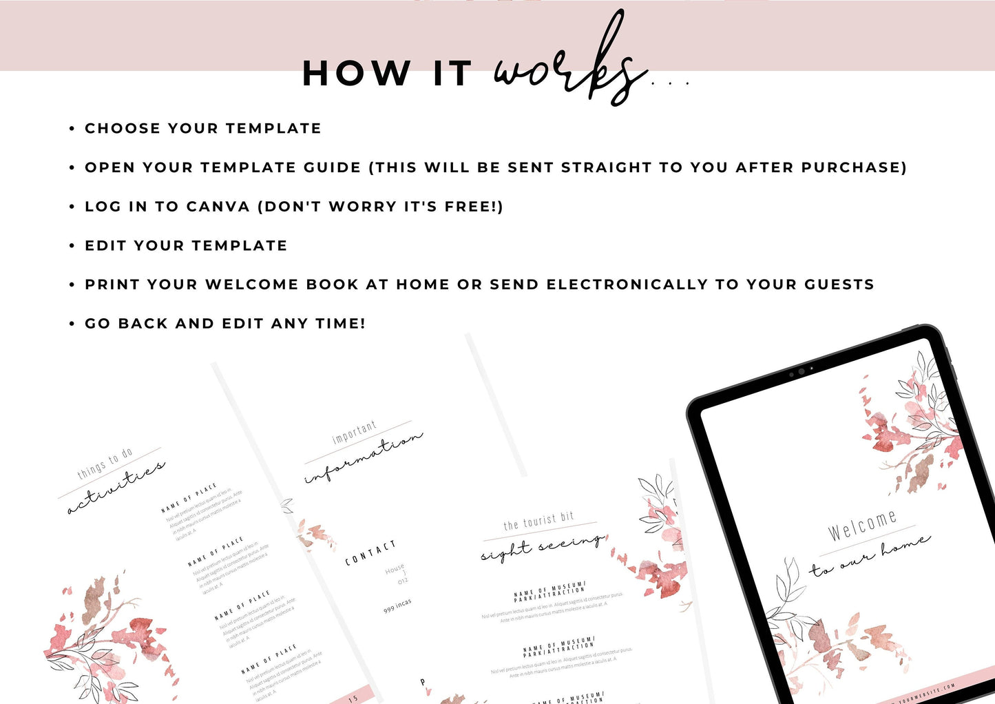 Welcome Book Template | Canva Template | AirBnb | Host Guide | Welcome Book | Home Rental Guidebook | Vacation Guide | Pink Blossom