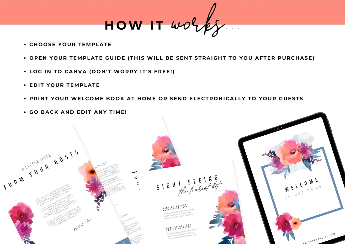 Airbnb welcome book, printable, instant download, fully editable to create the perfect guest book for your holiday rental, Peach Petals