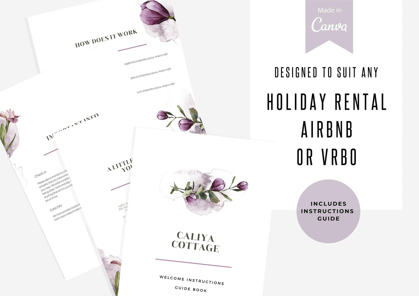 Welcome Book Template | Canva Template | AirBnb | Host Guide | Welcome Book | Home Rental Guidebook | Vacation Guide | Purple Flowers