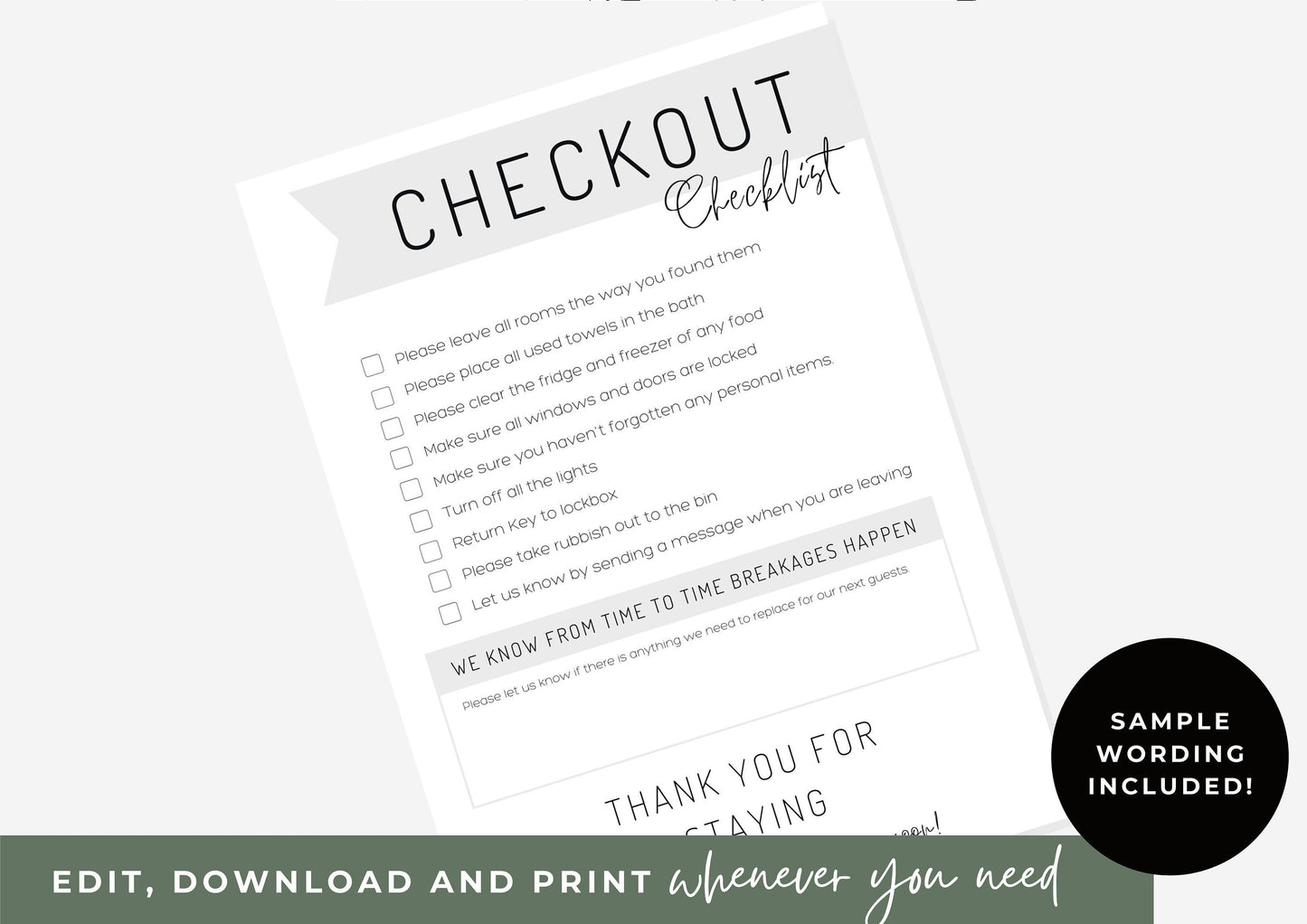Checkout Checklists | Canva Template | AirBnb | Host | VRBO | Printables | Home Rental | Vacation Template | Checklist | Moonstone