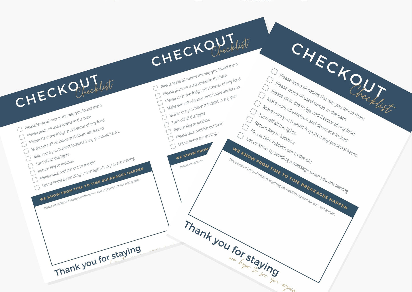 Checkout Checklists | Canva Template | AirBnb | Host | VRBO | Printables | Home Rental | Vacation Template | Checklist | Oxford Blue