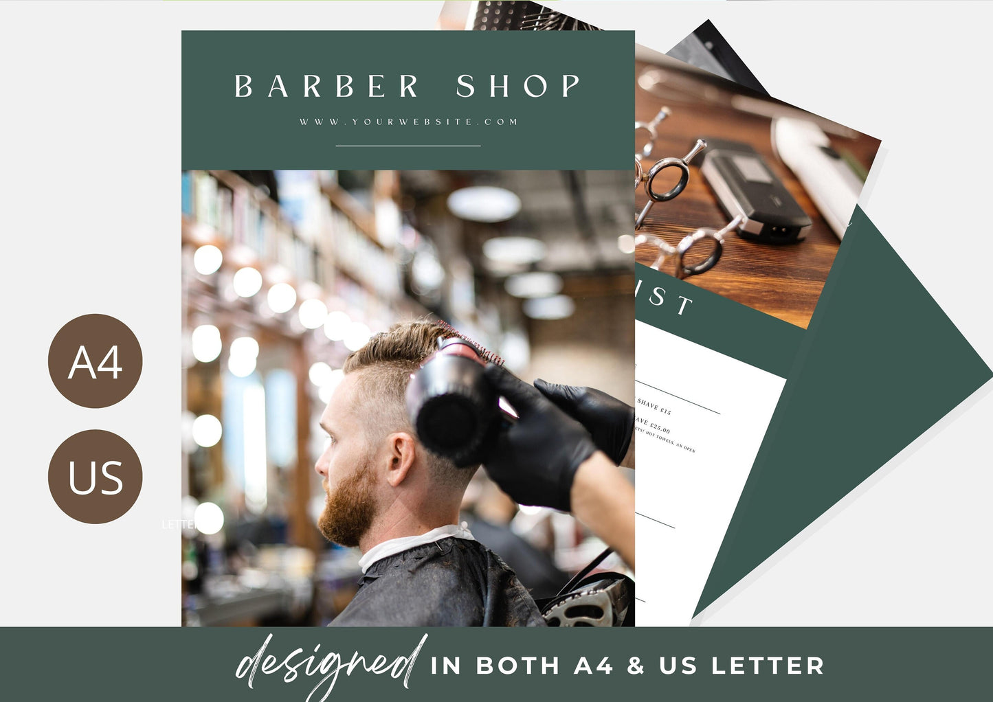Barber Shop Vibes: Professional and Trendy Price List Template for Your Unique Barber Shop Brand Forest Green