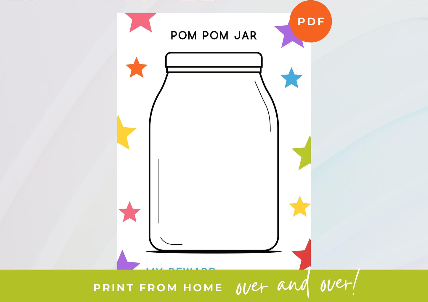 Kids Reward Pom Pom Jar printable , Cute Reward printable , Kids Reward Chart Printable INSTANT DOWNLOAD, Toddlers Reward Chart, A4, Rainbow