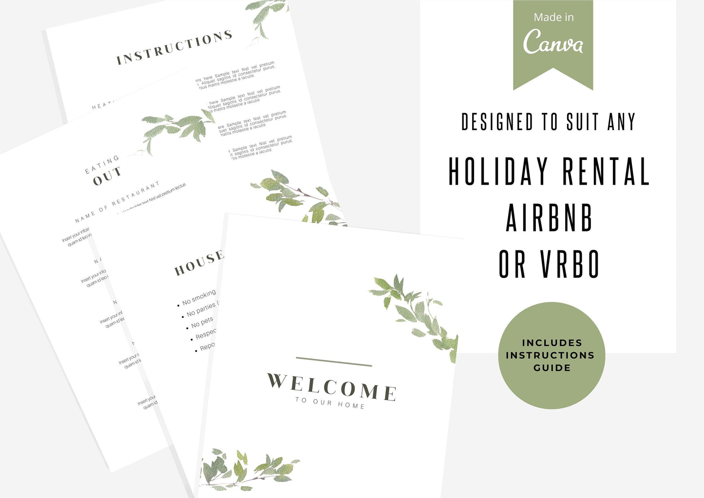Welcome Book Template | Canva Template | AirBnb | Host Guide | Welcome Book | Home Rental Guidebook | Vacation Guide | Watercolour Leaves