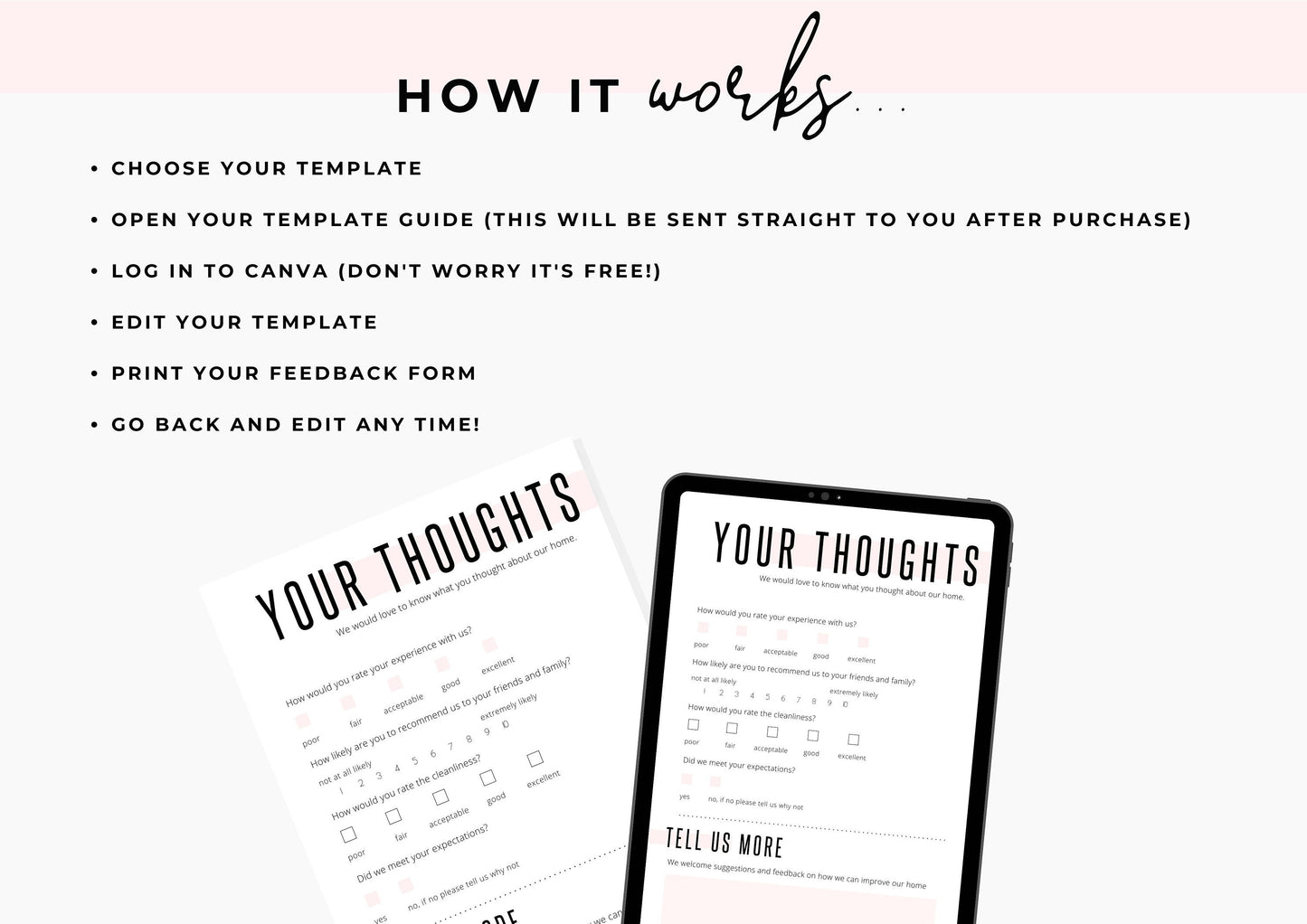 Feedback Form Guest | Canva Template | AirBnb | Host | VRBO | Feedback Form | Home Rental | Vacation Template | Feedback | Cotton Pink