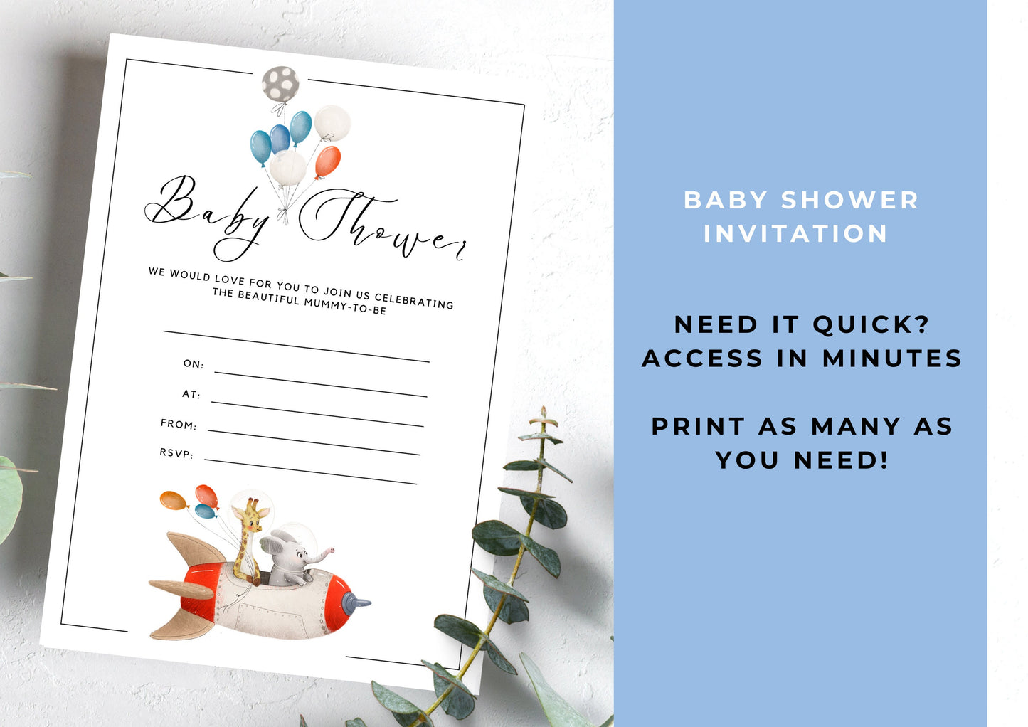 Baby Shower invitation, Animal Baby Shower Invitation, unisex Baby Shower, Rocket, Printable Invitation, INSTANT DOWNLOAD, Print at home