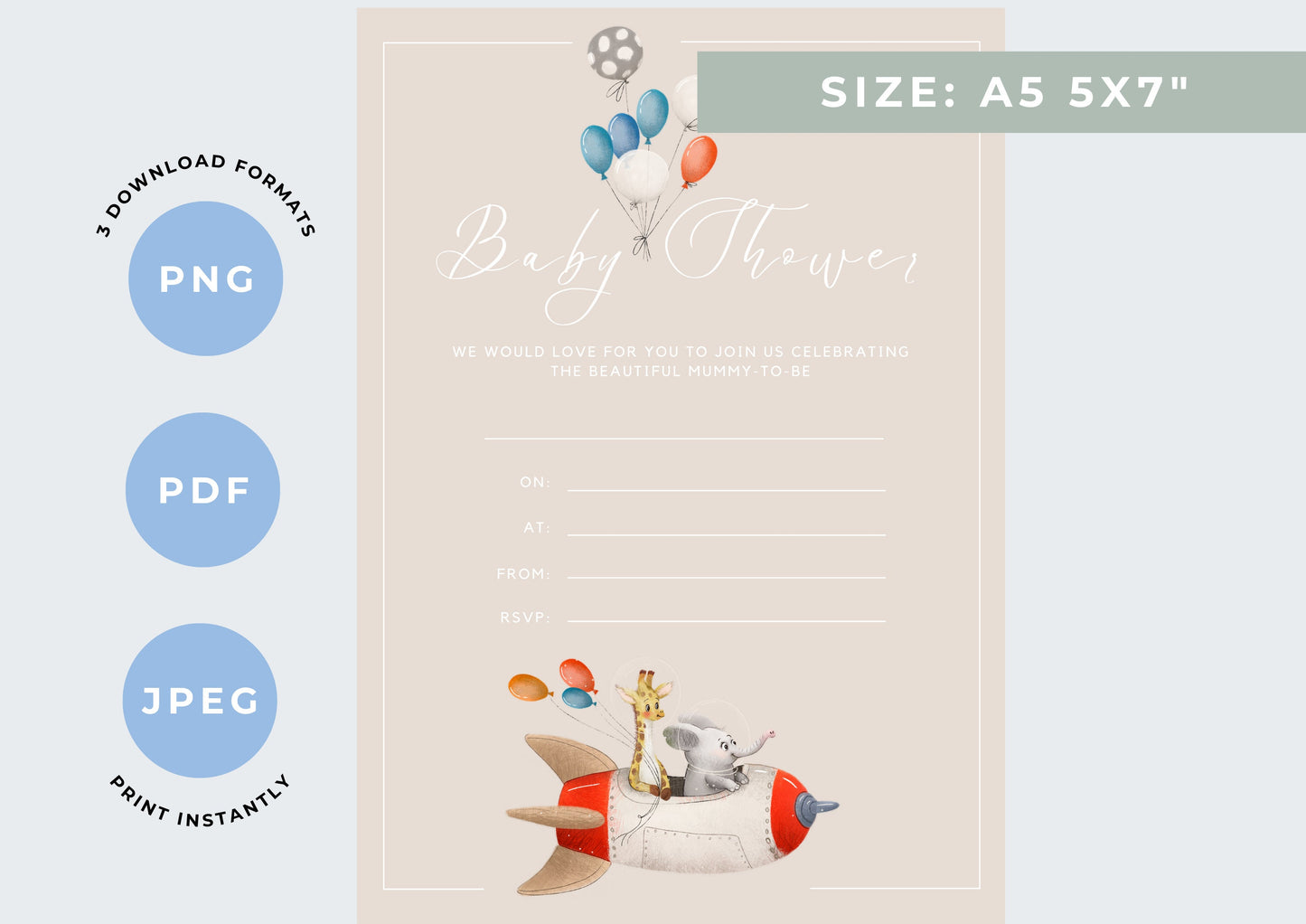 Baby Shower invitation, Animal Baby Shower, unisex Baby Shower, Beige Rocket, Printable Invitation, INSTANT DOWNLOAD, Print at home