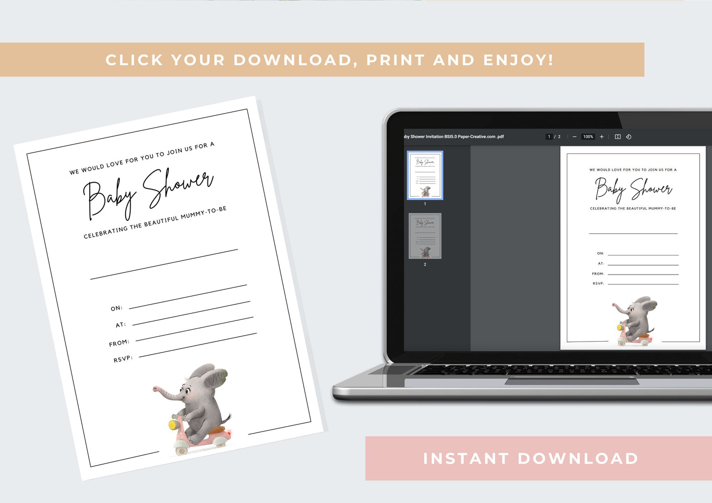 Baby Shower invitation, Animal Baby Shower Invitation, Unisex Baby Shower, Elephant, Printable Invitation, INSTANT DOWNLOAD, Print at home