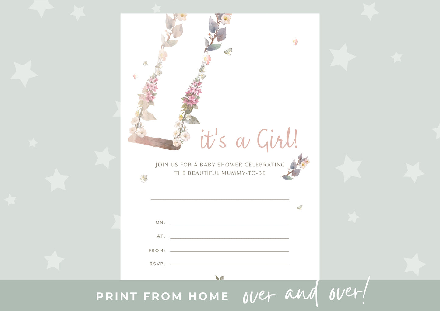 Baby Shower invitation, It’s a Girl Baby Shower, Printable Invitation, INSTANT DOWNLOAD, Print at home, Floral Swing