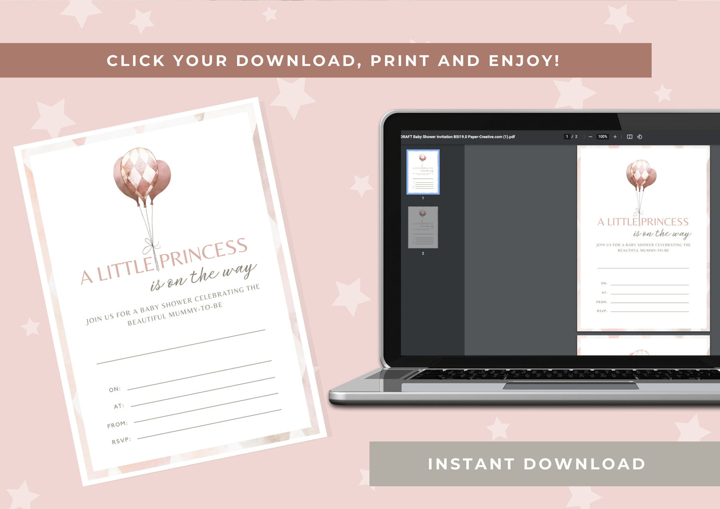 Baby Shower invitation, Baby Shower, Little Princess, Balloon, Printable invitation, Print at home