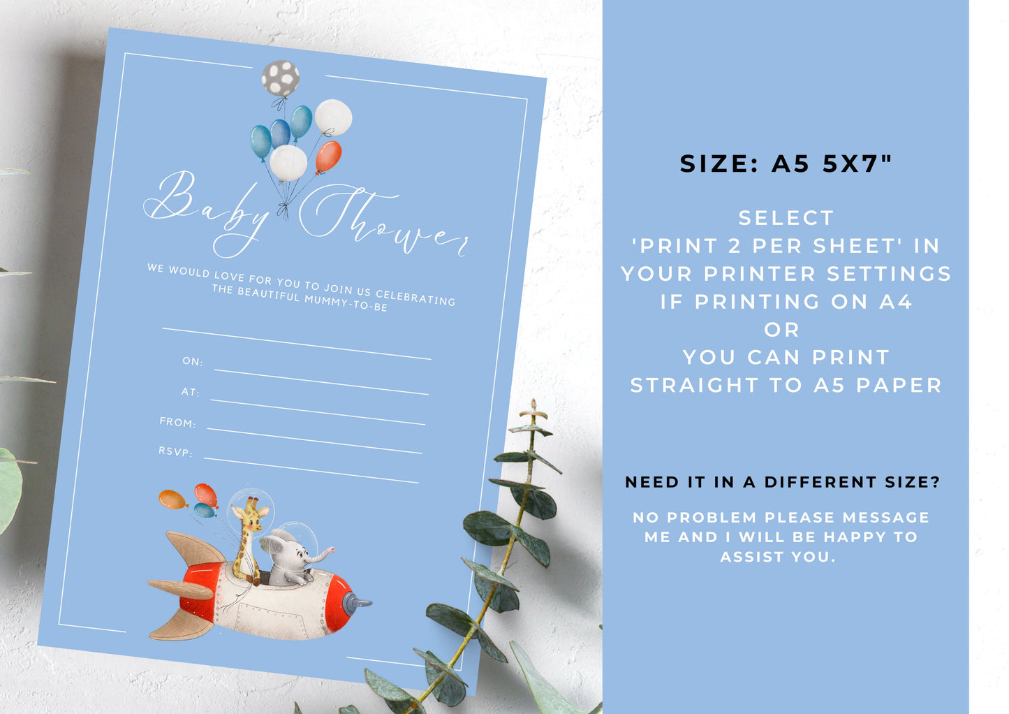 Baby Shower invitation, Animal Baby Shower, unisex Baby Shower, Blue Rocket, Printable Invitation, INSTANT DOWNLOAD, Print at home