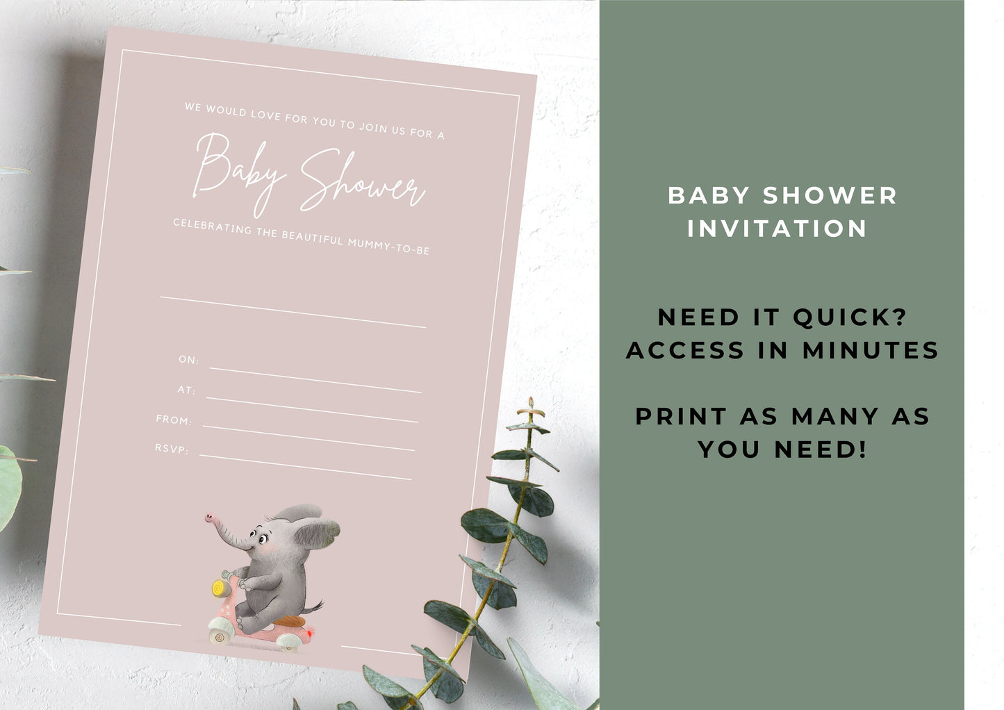 Baby Shower invitation, Animal Baby Shower, unisex Baby Shower, Elephant, Printable Invitation, INSTANT DOWNLOAD, Print at home Rose