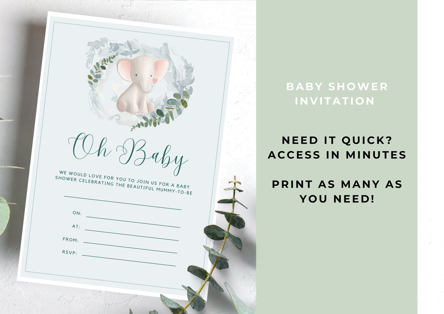 Baby Shower invitation, Animal Baby Shower Invitation, unisex Baby Shower, Elephant, Printable Invitation, Print at home, Oh Baby