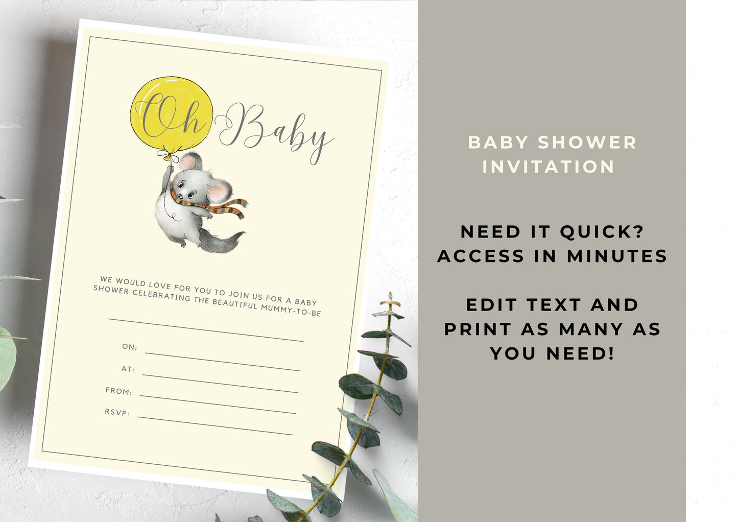 Baby Shower invitation, unisex Baby Shower, Printable Invitation, Mouse and Balloon
