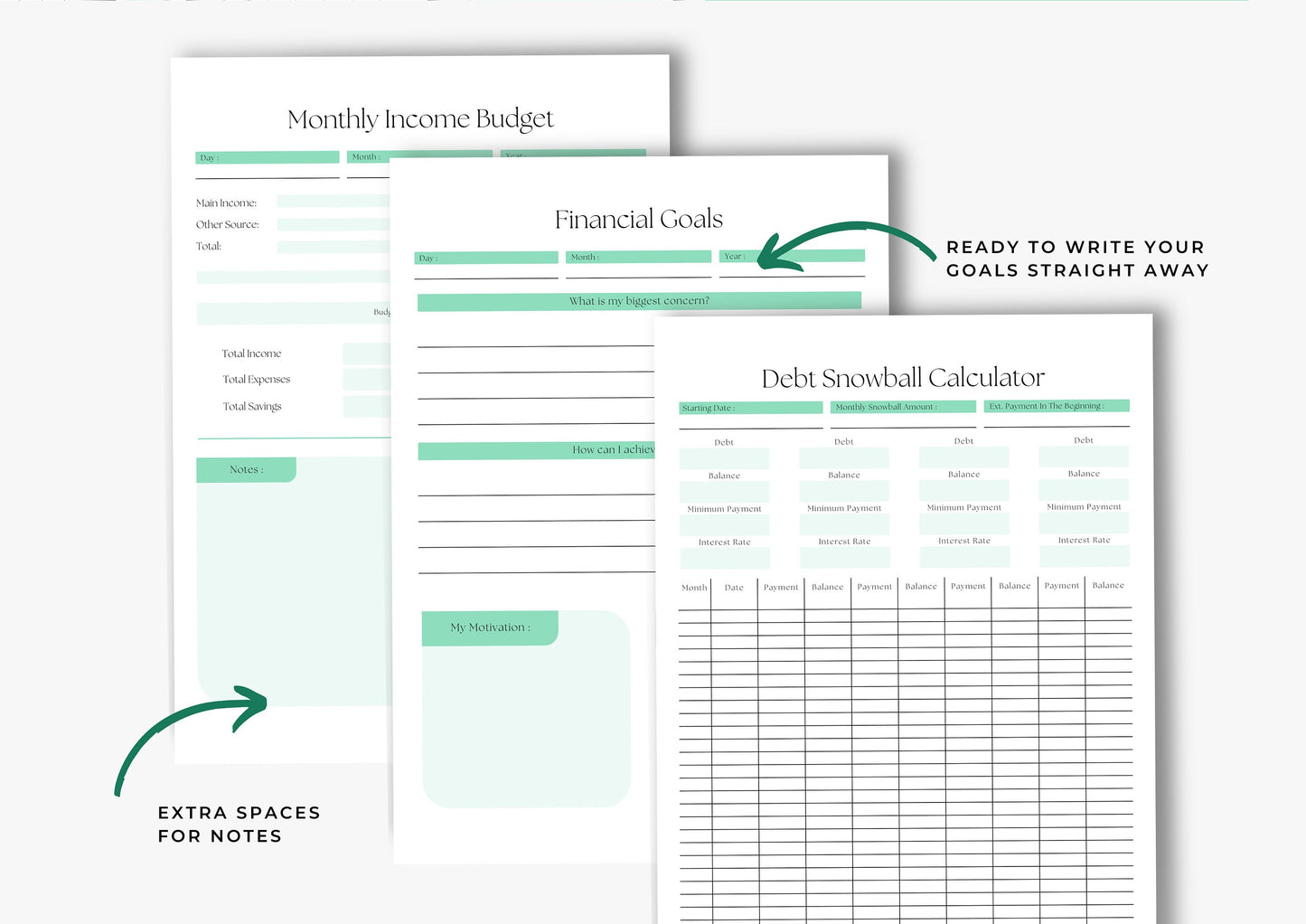 Debt and Finance Planner, Budget Planner, Printable Savings Planner, Debt, Spending, Income and Expenses Trackers, US Letter, Spearmint