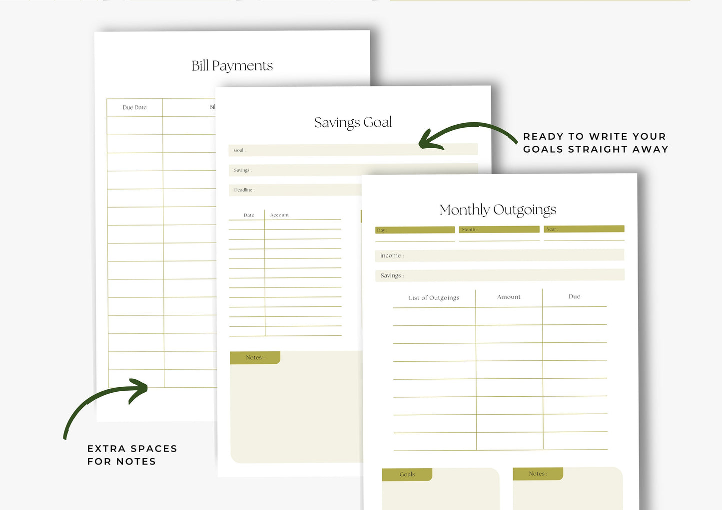 Debt and Finance Planner, Budget Planner, Printable Savings Planner, Debt, Bill, Spending, Income and Expenses Trackers, US Letter, Lime