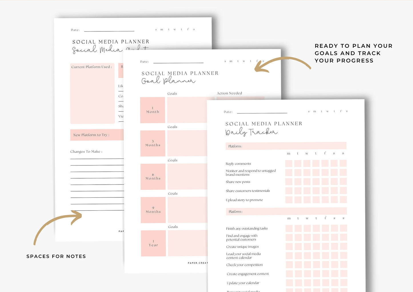 Social Media Planner A4, printable, Content Planner, Instagram, YouTube, TikTok, Facebook, Side Hustle, Marketing, Blushing Peach, 2.0