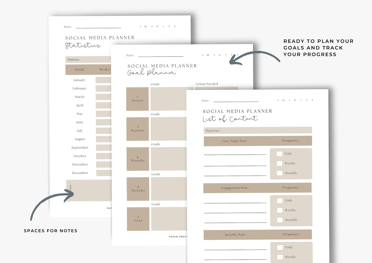 Social Media Planner US Letter, printable, Content Planner, Instagram, YouTube, TikTok, Facebook, Side Hustle, Tawny, 9.0