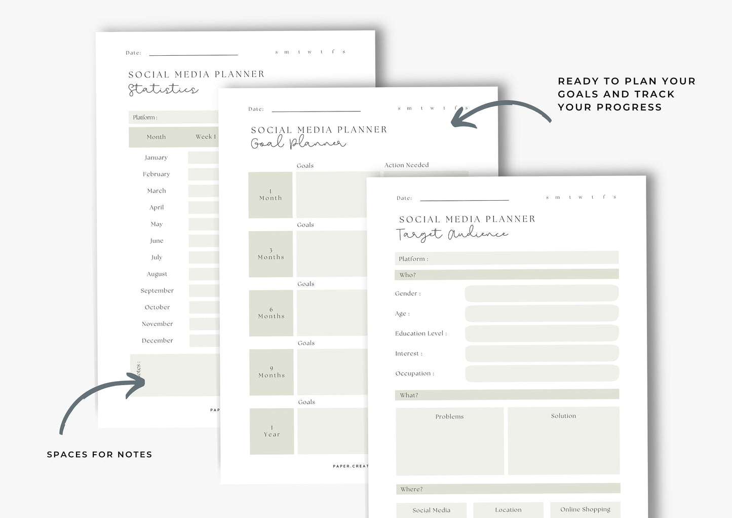 Social Media Planner A4, printable, Content Planner, Instagram, YouTube, TikTok, Facebook,A4, Side Hustle, Marketing, Fawn Green, 10.0