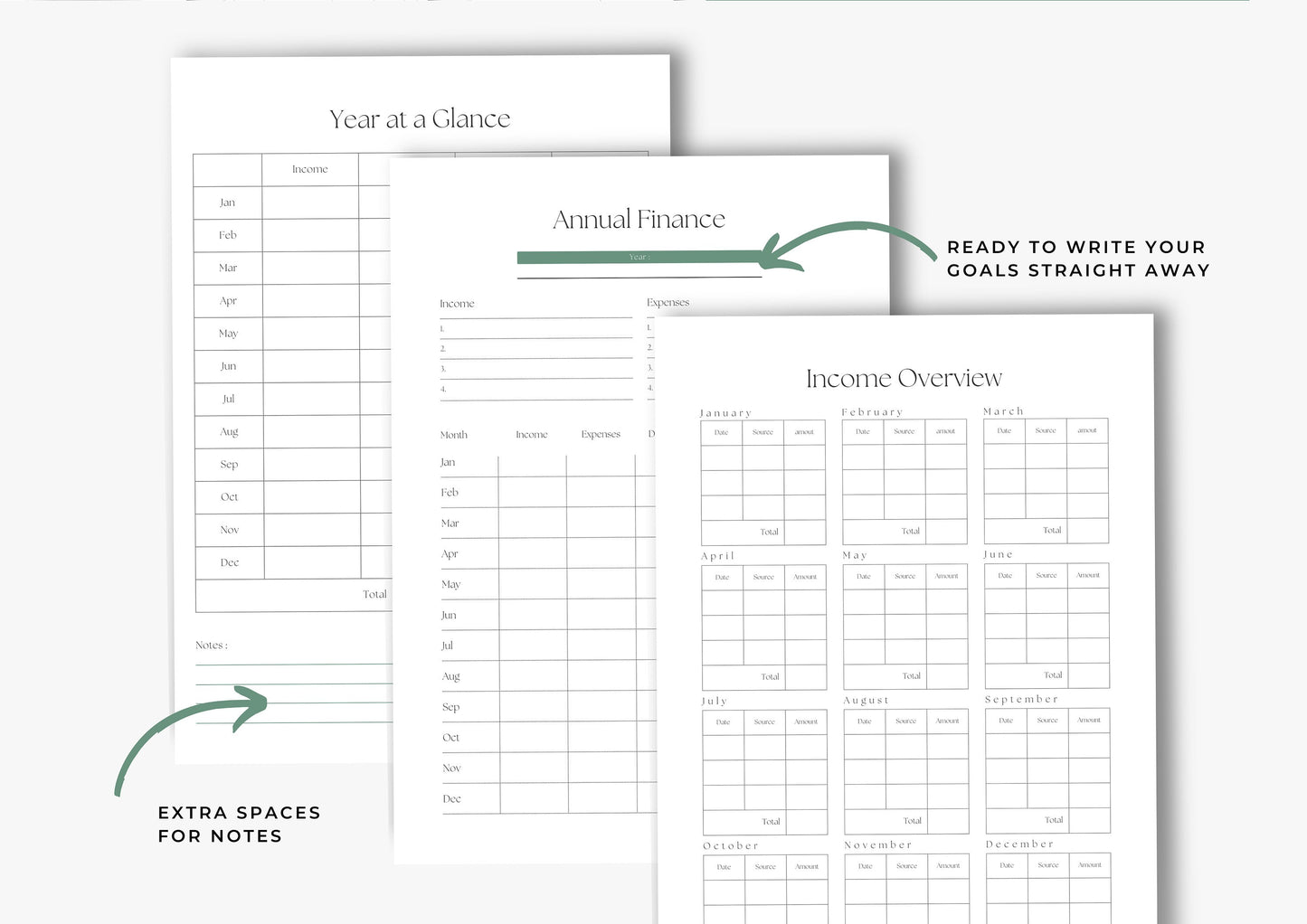 Debt and Finance Planner, Budget Planner, Printable Savings Planner, Debt, Bill, Spending, Income and Expenses Trackers, A4, Pistachio