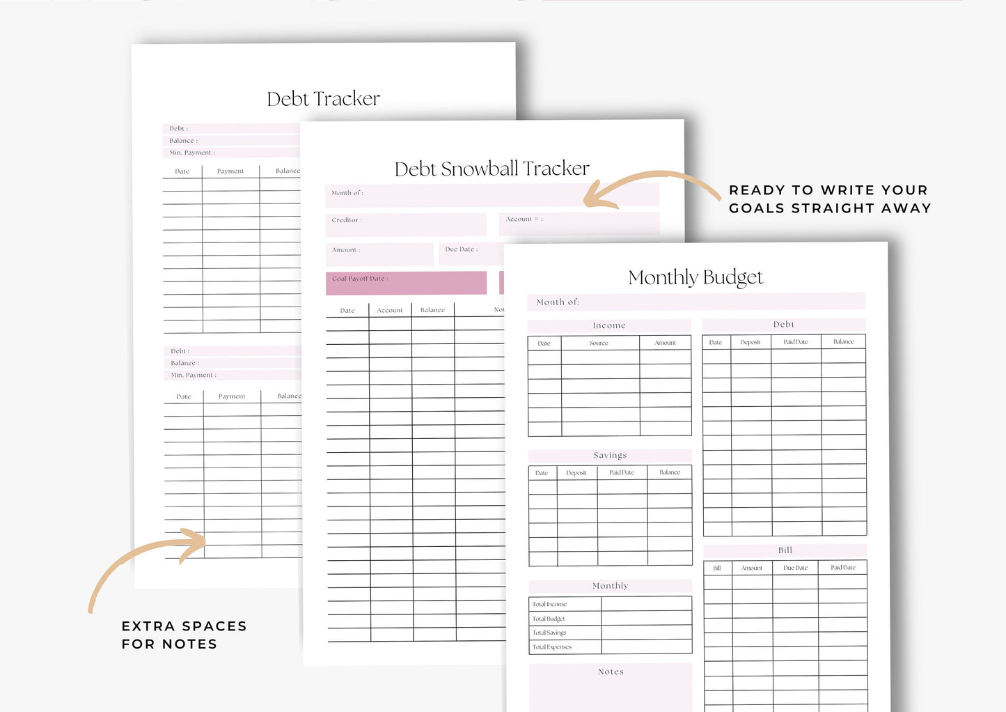 Debt and Finance Planner, Budget Planner, Printable Savings Planner, Debt, Spending, Income and Expenses Trackers, US Letter, French Rose