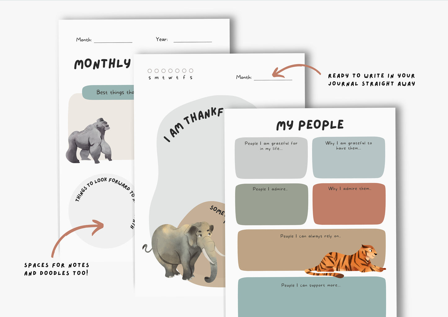 Gratitude Journal for kids, Positivity and Mindfulness Planner, Printable Journal, A4 Wild Animals