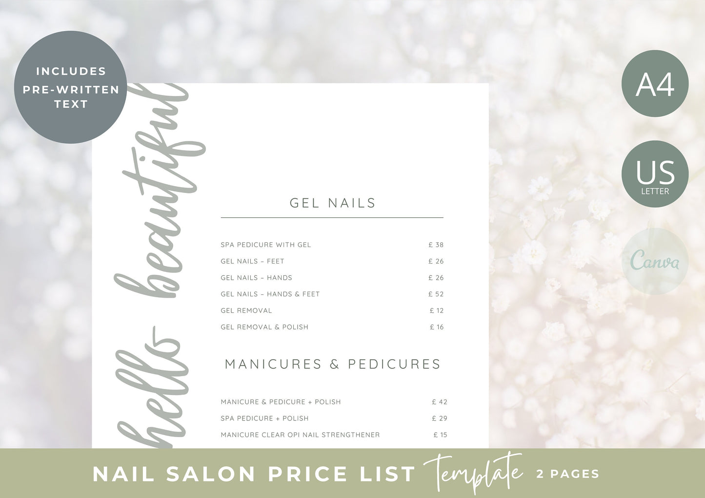 Nail Salon Services Pricing Menu | Pricing Guide | Nail Salon Template | Brochure Template | Business Template | Hello Beautiful