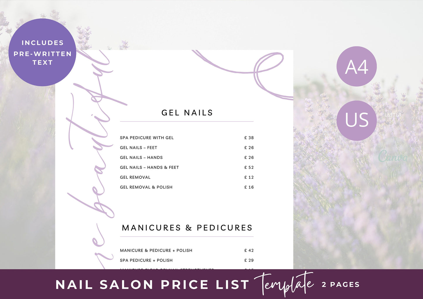 Nail Salon Services Pricing Menu | Pricing Guide | Nail Salon Template | Brochure Template | Business Template | Purple Swirls