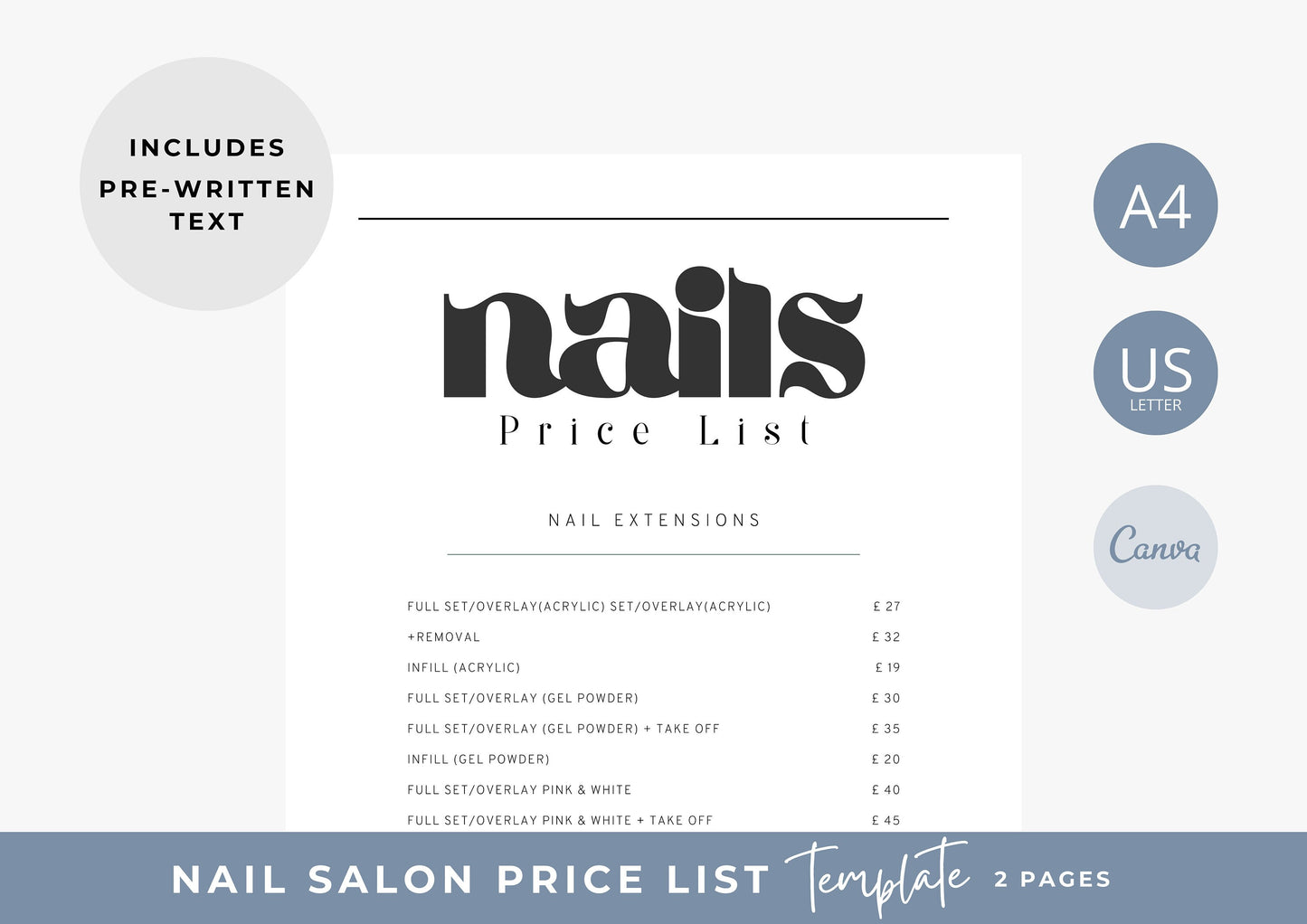 Nail Salon Services Pricing Menu | Pricing Guide | Nail Salon Business Template, Vintage Font