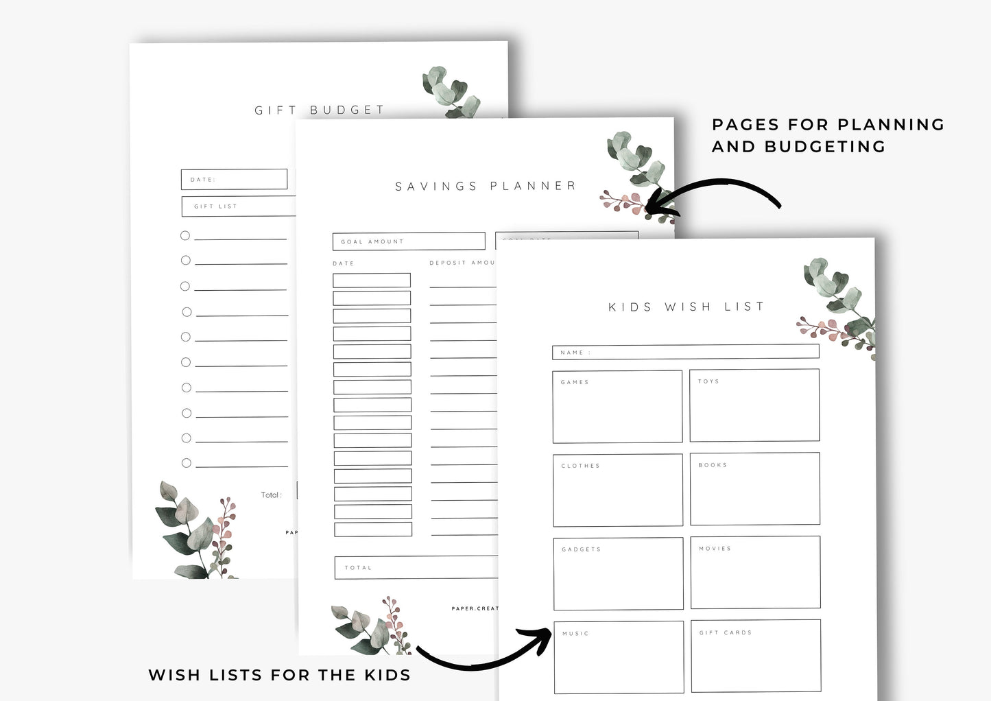 Gift Planner Printable, Gift Budgeting, Gift Tracker, Gift List Printable Instant Download, Eucalyptus