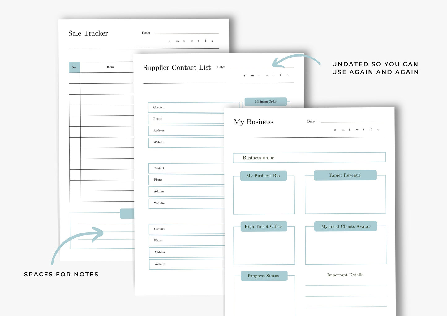 Ultimate business Planner, Sales tracking, Productivity planning, Undated Planner, Three sizes included A5 A4 and US Letter, Denim Blue
