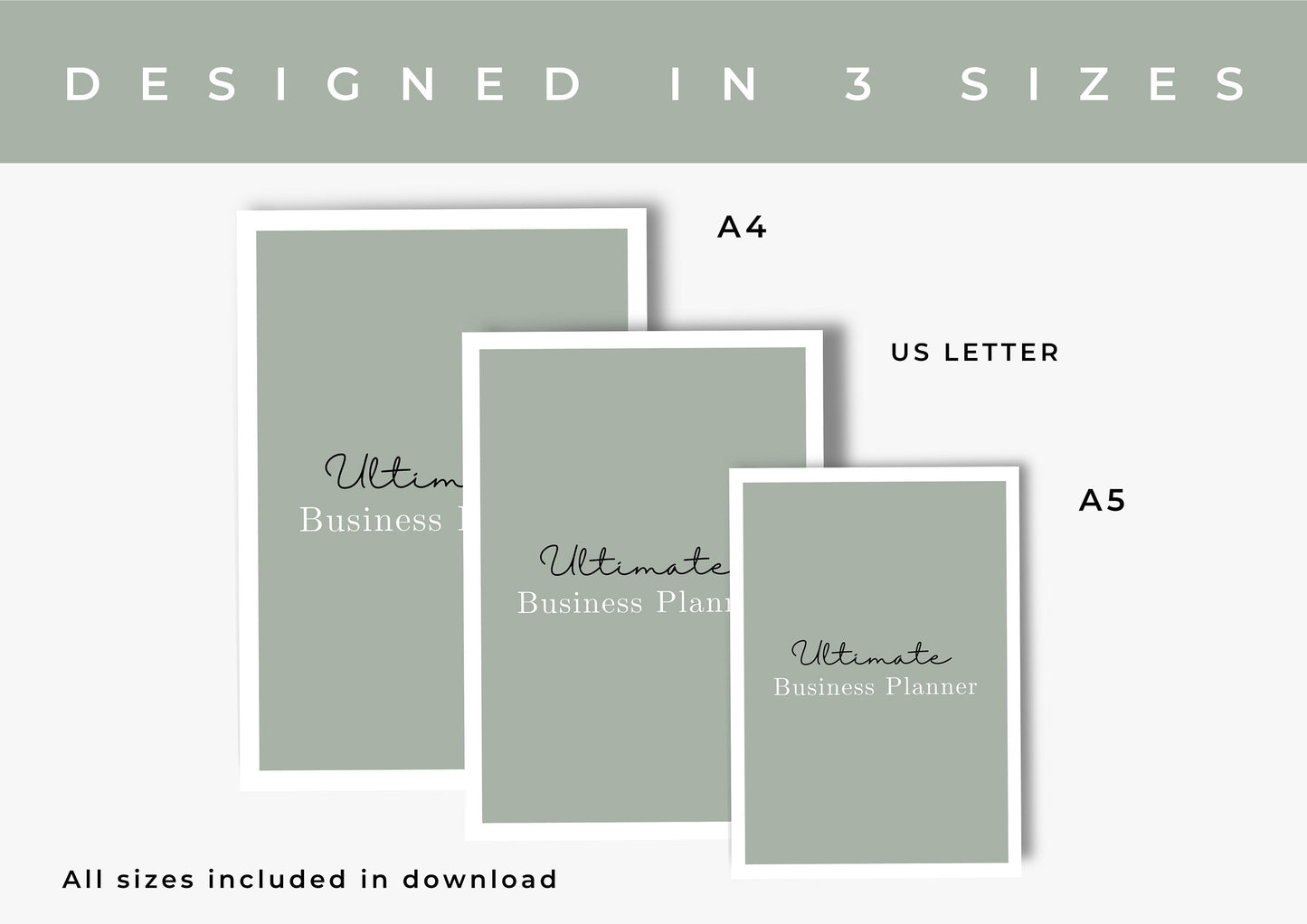 Ultimate business Planner, Sales tracking, Productivity planning, Undated Planner, Three sizes included A5 A4 and US Letter Modern Sage