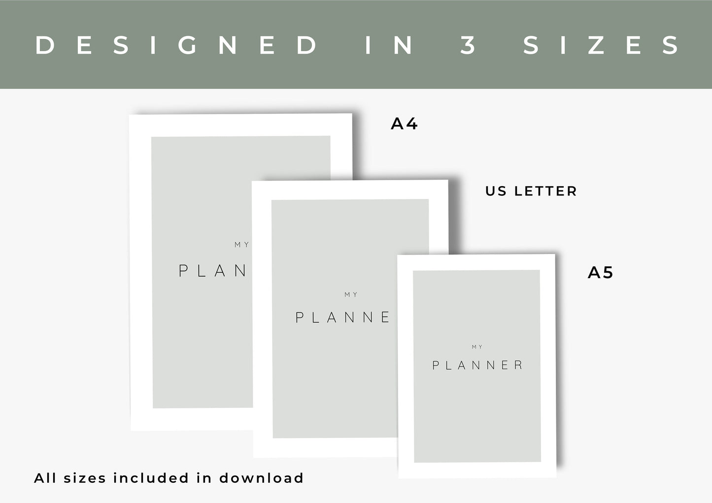 Planner, Daily, weekly, yearly, Goal setting, budget planning, Undated Planner, Three sizes included A5 A4 and US Letter , Modern Minimal