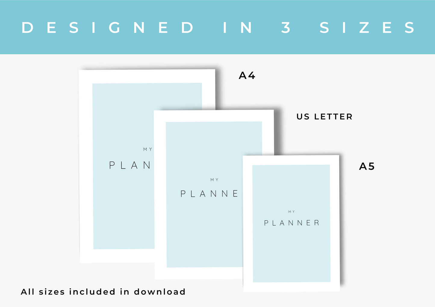 Planner, Daily, weekly, yearly, Goal setting, budget planning, Undated Planner, Three sizes included A5 A4 and US Letter, Aqua Blue