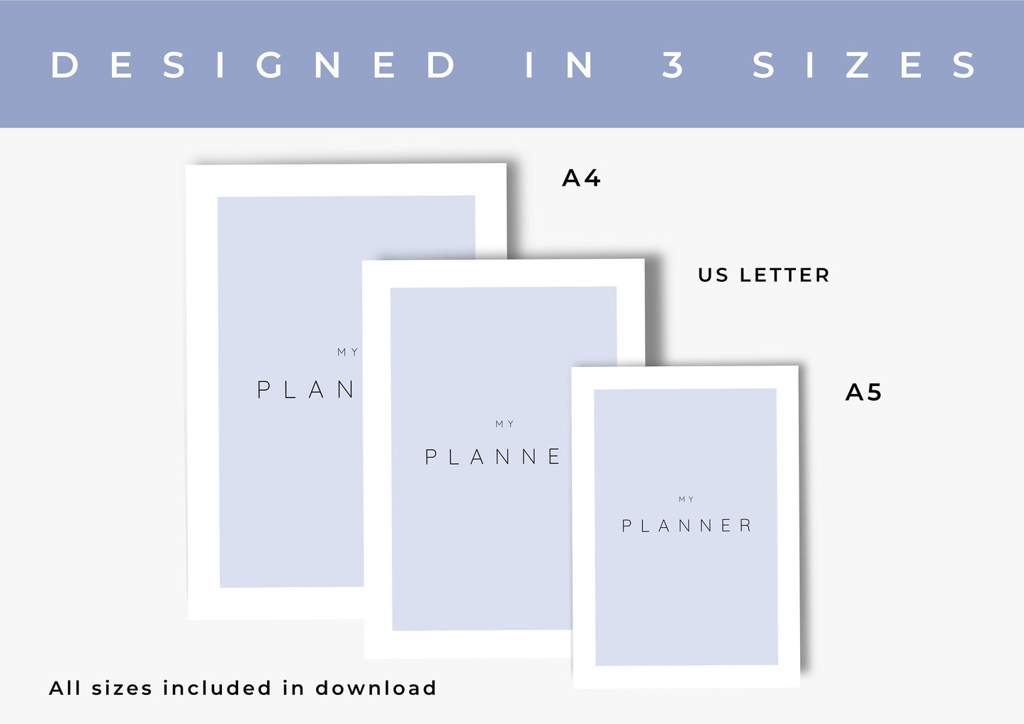 Planner, Daily, weekly, yearly, Goal setting, budget planning, Undated Planner, Three sizes included A5 A4 and US Letter, Stone Blue