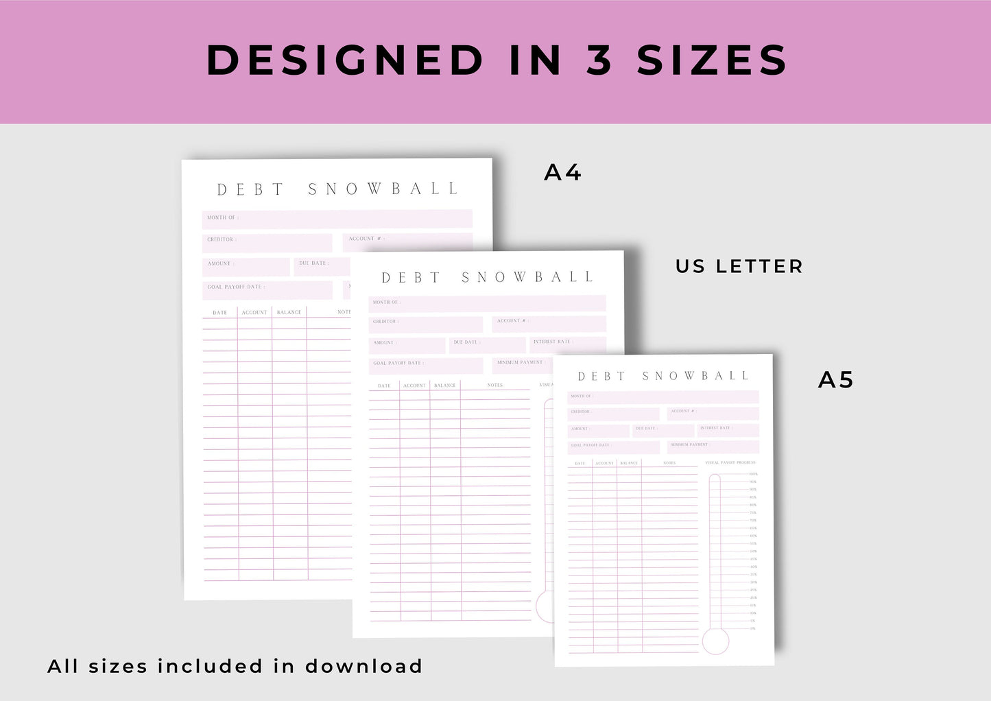 Debt Snowball Repayment Tracker, Debt Tracker, Printable, Debt planning, Ballet Pink