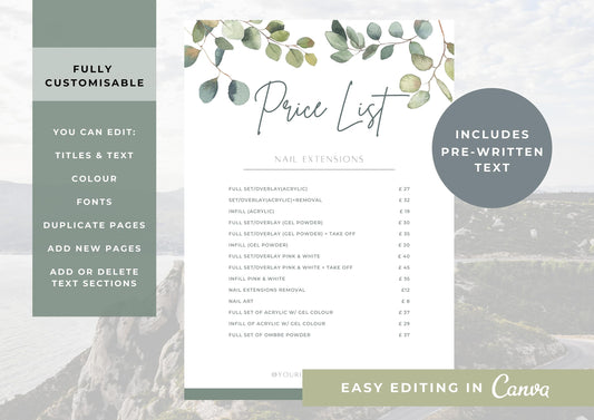 Nail Salon Services Pricing Menu | Pricing Guide | Nail Salon Template | Brochure Template | Business Template | Eucalyptus Dreams