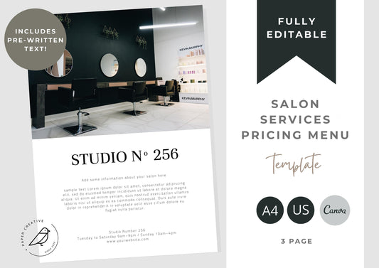 Salon Services Pricing Menu | Pricing Guide | Hair Salon Template | Brochure Template | Business Template | Moss Green
