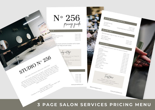 Salon Services Pricing Menu | Pricing Guide | Hair Salon Template | Brochure Template | Business Template | Moss Green