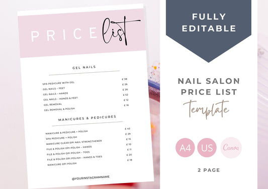 Nail Salon Services Pricing Menu | Pricing Guide | Nail Salon Template | Brochure Template | Business Template | Baby pink