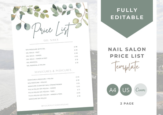 Nail Salon Services Pricing Menu | Pricing Guide | Nail Salon Template | Brochure Template | Business Template | Eucalyptus Dreams