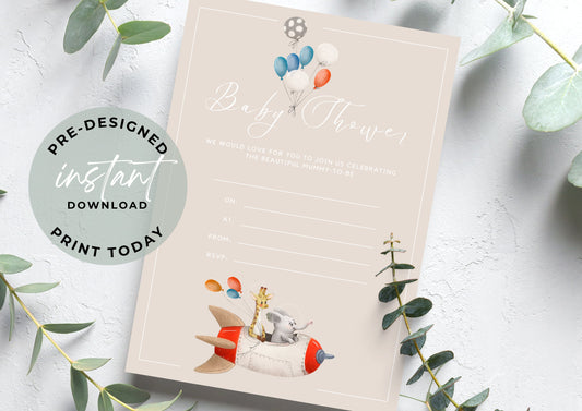 Baby Shower invitation, Animal Baby Shower, unisex Baby Shower, Beige Rocket, Printable Invitation, INSTANT DOWNLOAD, Print at home