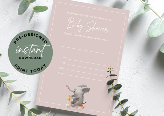 Baby Shower invitation, Animal Baby Shower, unisex Baby Shower, Elephant, Printable Invitation, INSTANT DOWNLOAD, Print at home Rose