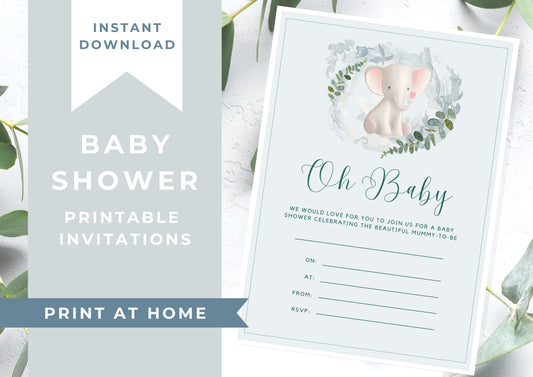 Baby Shower invitation, Animal Baby Shower Invitation, unisex Baby Shower, Elephant, Printable Invitation, Print at home, Oh Baby