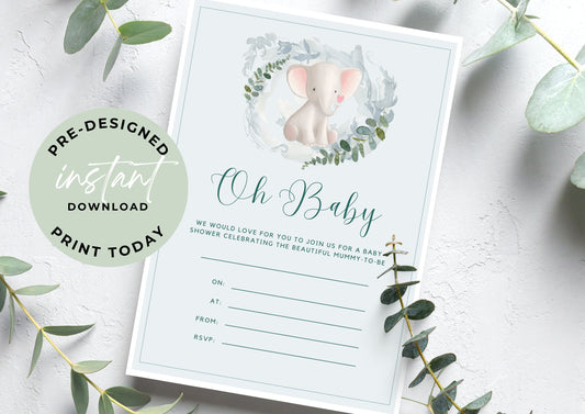 Baby Shower invitation, Animal Baby Shower Invitation, unisex Baby Shower, Elephant, Printable Invitation, Print at home, Oh Baby