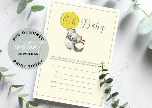 Baby Shower invitation, unisex Baby Shower, Printable Invitation, Mouse and Balloon