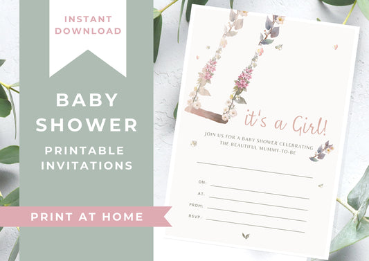 Baby Shower invitation, It’s a Girl Baby Shower, Printable Invitation, INSTANT DOWNLOAD, Print at home, Floral Swing